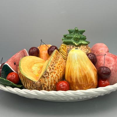 Vintage Italian Bassano Fruit Capodimonte Ceramic Wicker Basket