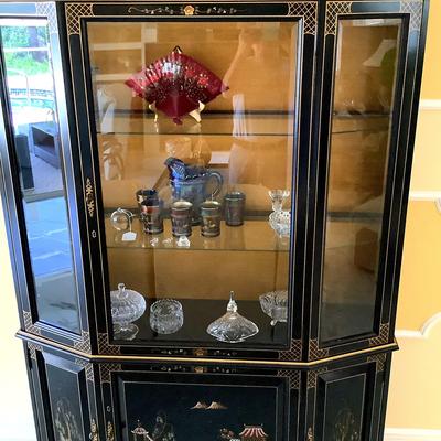 Ebony Hutch With Hand Painted Asian Motif - Contents Not Included