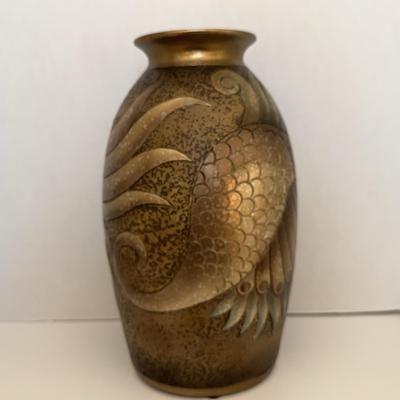 1 Ceramic  Gold With Multicolored Peacock Feathered Vase