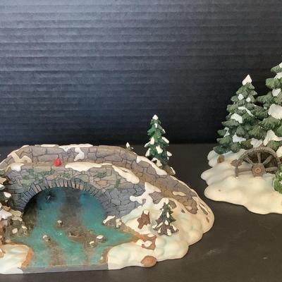 Pair Of Beautiful Christmas Village Accessories ; The Mill Creek Bridge And Wagon wheel Pine Grove