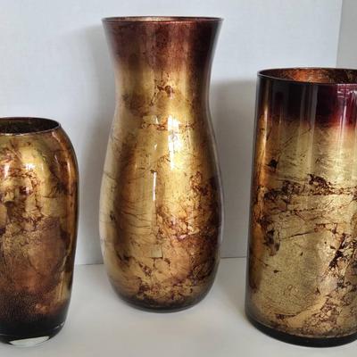 Set of Three Handcrafted Metallic Art Glass Vases – Gold, Bronze & Burgundy Finish