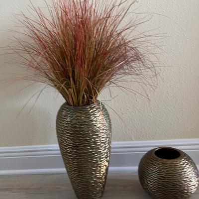 2 Gold/Green /copper Colored Vases With Orange And Tan Reeds