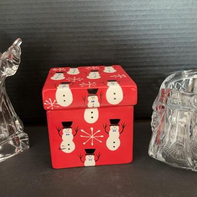 Holiday Glass Sled, Mikasa Angel & Porcelain Snowman Box