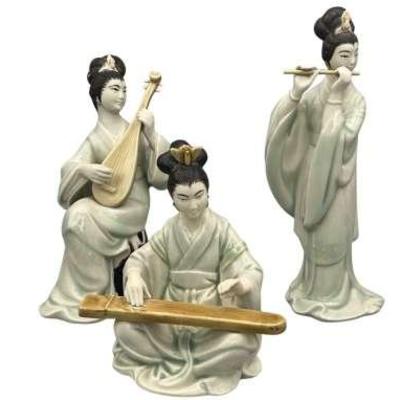 Set of 3 Vintage Celadon Shiwan Porcelain Geisha Women Pipa Qin Zither Flute