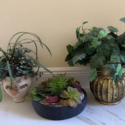  3Artificial Plants In Containers & 1 Metal Copper Vase