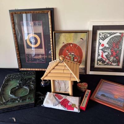 Asian‑Style Framed Art, Lamp, Koi Fish Towel & Decorative Accents