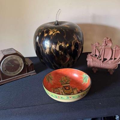 Vintage Decor Lot – Mantel Clock, Murano style glass Apple, Ship Figure & New West Indies Bowl
