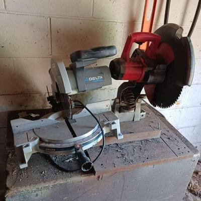 2 Heavy-Duty Power Saws – Delta & DeWalt + Work Tables on Wheels