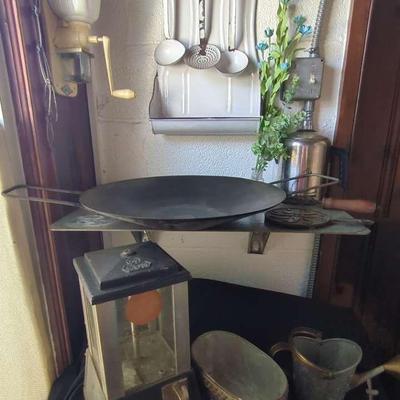 Assorted Vintage Kitchenware, Watering Cans, Lanterns, Cast Iron Pans & Metal Decor