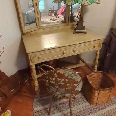Vintage Vanity Set with Mirror, Metal Chair & Lamp