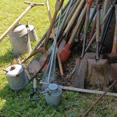 Mystery Lot of Shovels, Rakes, Pick Axes, Antique Oil & Water Cans