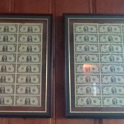 Framed Uncut $1 & $2 Bills – Real Money from the US Mint