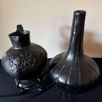 Vintage Black Decorative Vases, Pot, and Case