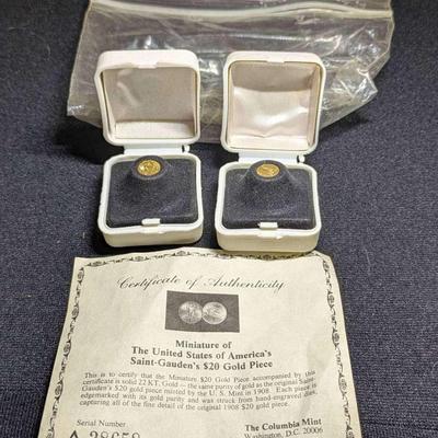 22K Miniature Gold Coins, Authenticated Saint-Gaudens Gold Pieces with COA & Cases
