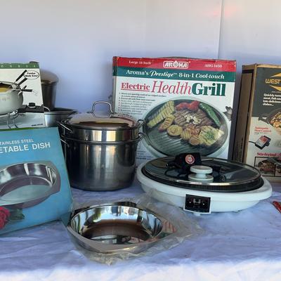 Electric Grill, Wok, Cuisinart Electric Fondue And Stainless Steel Vegetable Dish 