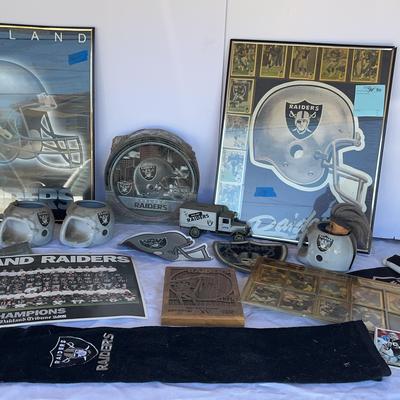 Oakland Raiders Framed 16x20 Prints, Trading Cards, Die-Cast Metal Bank And Puzzle 
