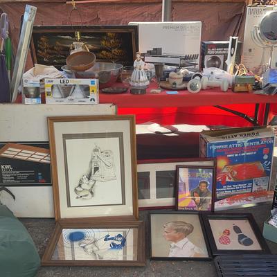 Art, Home Goods Including Vanity Mirror, Dish Rack, Oak Frame, Lamp, Cleaning Supplies
