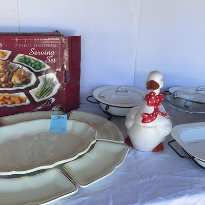 8 Piece Corning Ware, 7 Piece European Serving Set And Cookie Jar 