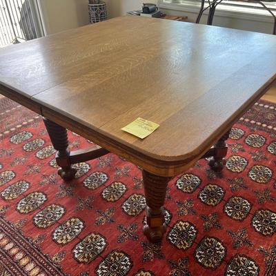 Antique American Victorian Oak Square Top Dining Table With Turned Carved Legs With Leaf Extension 