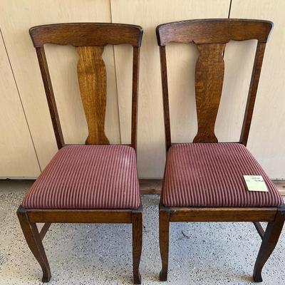 Vintage Quarter Sawn Oak Dining Chairs With Upholstered Seats (Set Of Two)