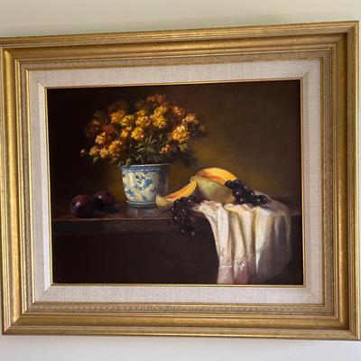 Still Life Framed Painting Fruit And Vase With Flowers