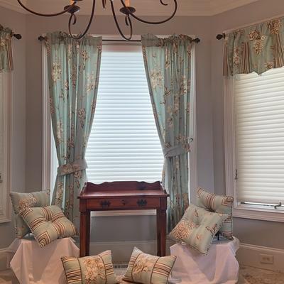 Danity Knotted Pine Desk With Waverly Curtins And Pillows