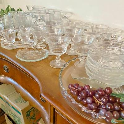 Sale Photo Thumbnail #58: Large collection of Fostoria Century Pressed Glass from serving pieces, bowls, plates, glass and stemware