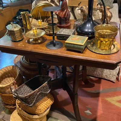 Sale Photo Thumbnail #7: eastlake parlor table with wood carvings brass accessories and more