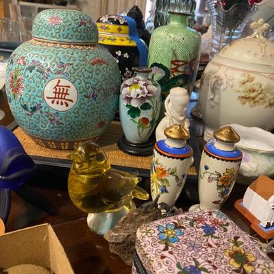 Sale Photo Thumbnail #18: Assortment of Asian pieces including 1894 cloisonne box and several vases