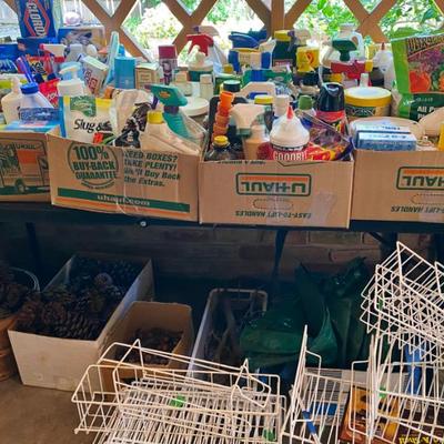 Sale Photo Thumbnail #92: 7 chemicals cleaners, plants and potting items, shelving