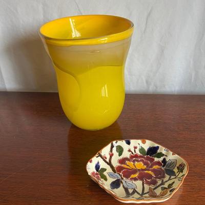 Lemoncello Hand Blown Glass Art Vase And MSF Gien France Trinket Dish 