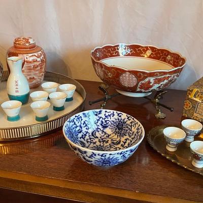 Vintage Chinese Cloisonne Trinket Brass Abacus Box, Sweden Tray, Goldimari Bowl+Brass Stand +