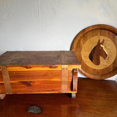 Vintage Horse Wood Inlay Tray And Cedar Hope Chest With Copper Accents