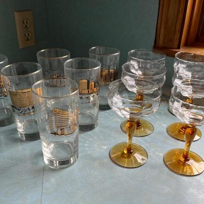 Architectural Landmark Glasses And Amber Stemmed Coupe Glasses