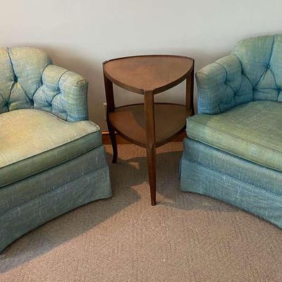 Teal Tufted Armchairs On Wheels & Triangle Side Table With Shelf