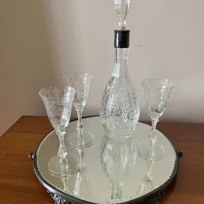 Vintage Crystal Decanter, Stemware & Clawfoot Mirrored Tray 