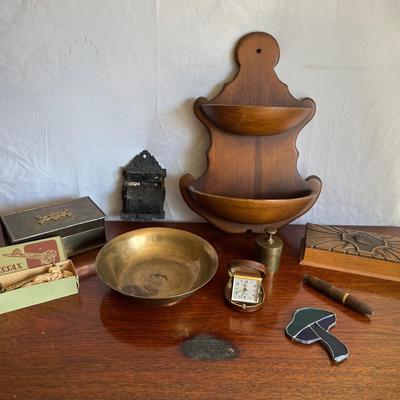 Crown Iron Works Co Box, West Germany Travel Clock, Venus & Cupid Match Holder, Brass Wood Box +