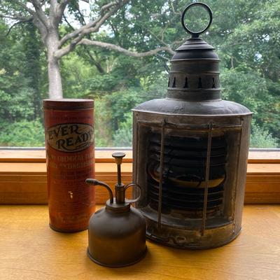 Vintage Lantern, Fire Extinguishing Powder, & Oil Can Pump