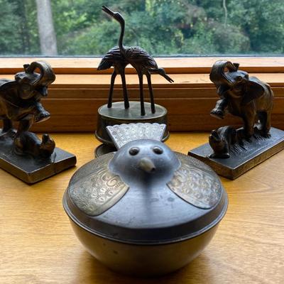 Fighting Elephant Bookends, Egret Music Box, and Sandpiper Trinket Box