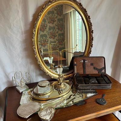 Vintage Vanity Accessories- Mens Leather Toiletry Kit, Denmark Hand Mirror, Etched Glass Mirror Tray