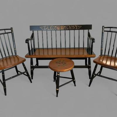 Vintage L.Hitchcock Black Harvest Deacon’s Bench, Chairs, & Stool