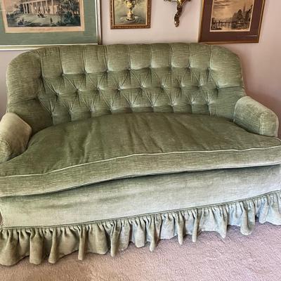 Vintage Sage Green Tufted Velour Loveseat 
