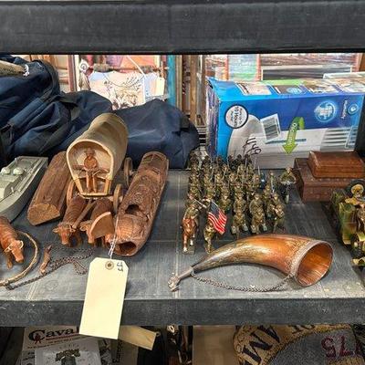 #3018 • Carved Boat, Covered Wagon, Toy Soldiers, Powder Horn & More
