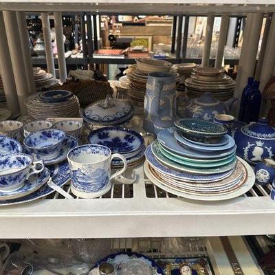 #3262 • Wedgewood Jasperware, Flow Blue Cups & Saucers, Tureen, Teapot
