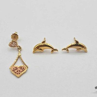 #756 • 14k Gold Dolphin Earrings & Single Heart Dangle Earring, 2g
