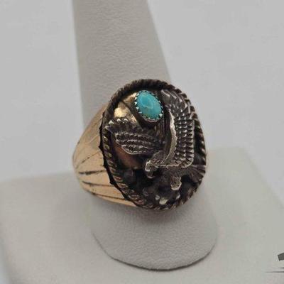 #912 • Native American Sterling Silver & 10k Ring with Turquoise Stone, 11.7g
