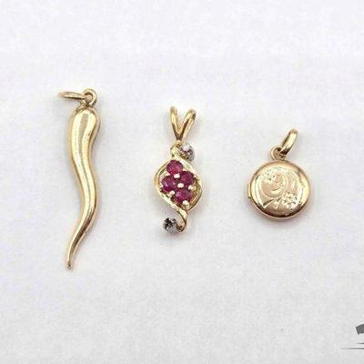 #734 • 14k Gold Italian Horn, Locket and Ruby & Diamond Pendants, 3.1g
