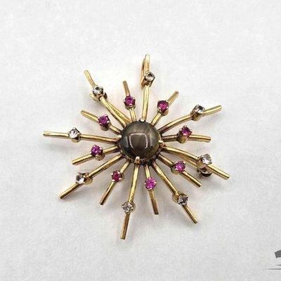 #712 • 14k Gold Star Sapphire, Ruby & Rhinestone Brooch, 7.6g
