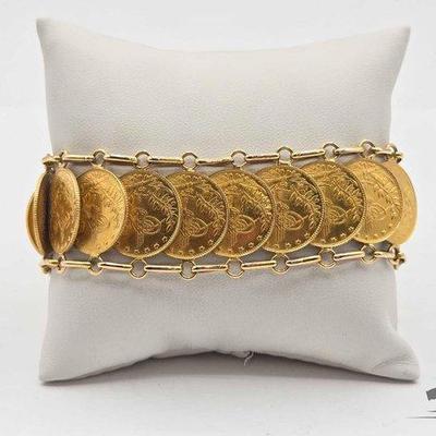 #650 • 18k Gold Bracelet with Turkey Kurush Coins, 69.1g
