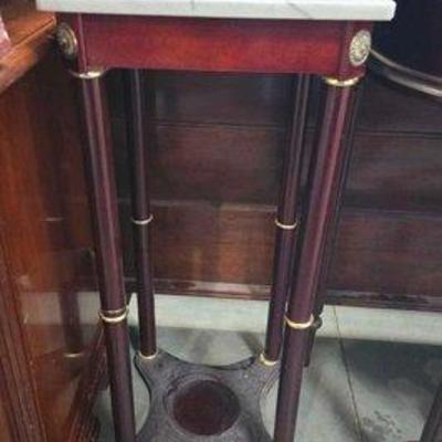 #4138 • Marble Topped Wooden Plant Pedestal
